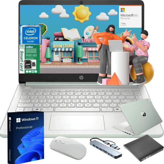 HP 14" Ultra Thin Laptop, Intel Quad-Core Processor, 16GB RAM, 256GB Storage, Windows 11 Pro, Microsoft Office 365 Included, Lightweight Notebook for Work or School, Bundle Included (Green)