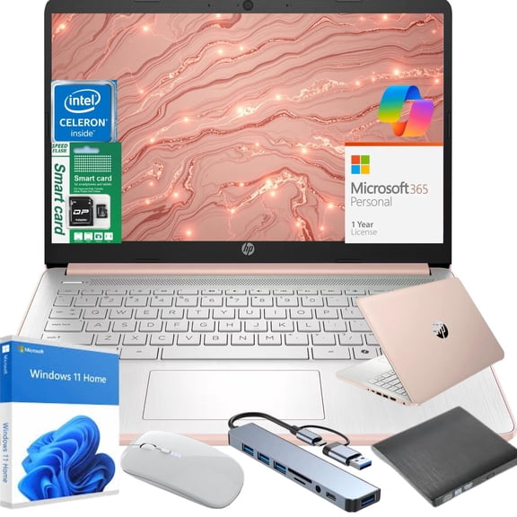 HP 14" Ultra Thin Laptop, Intel Quad-Core Processor, 4GB RAM, 256GB (128GB eMMC+128GB SD Card), Windows 11 Home, 1 Year Microsoft Office 365, Lightweight Notebook for Work or School, Gift Set(Pink)