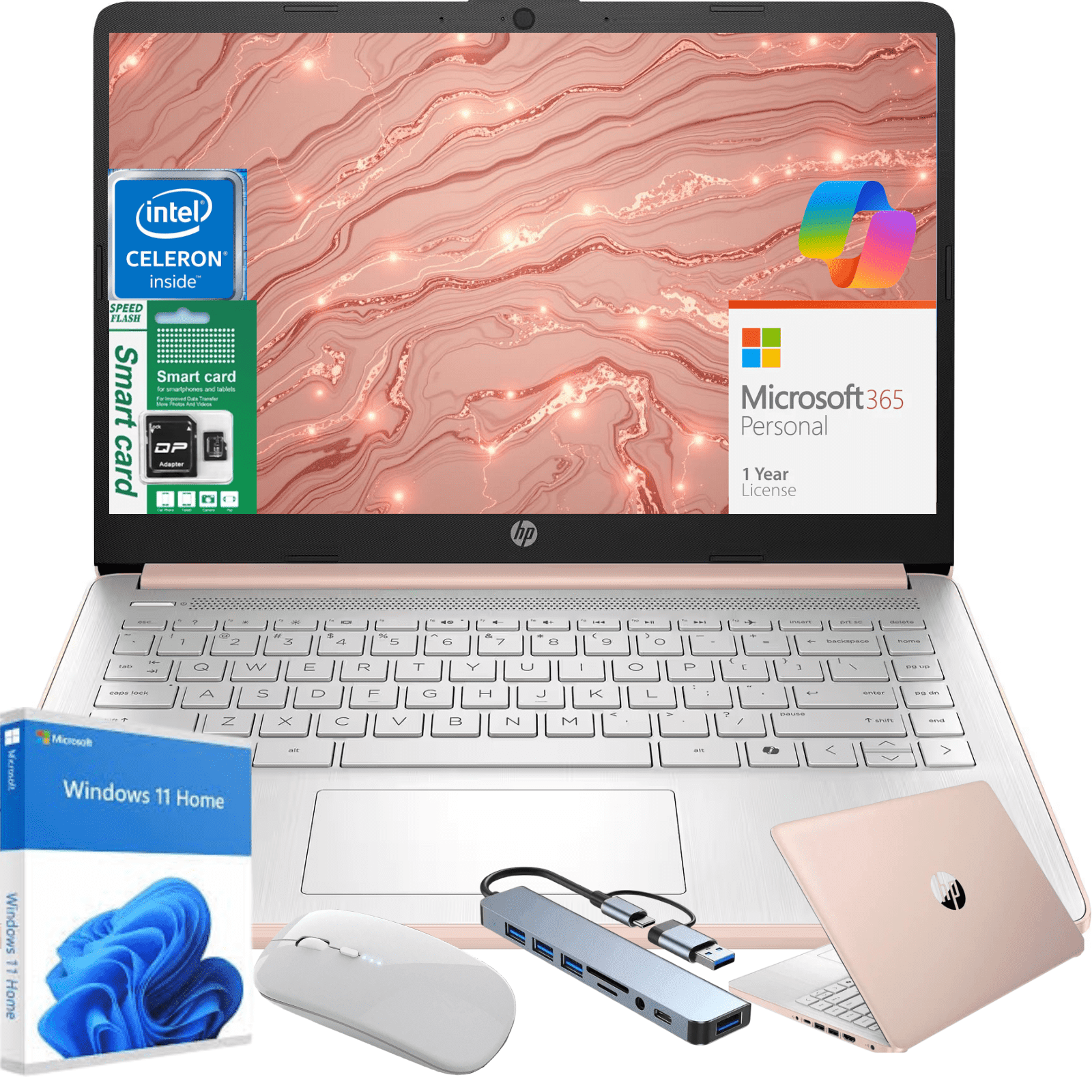 HP 14" Ultra Thin Laptop, Intel Quad-Core Processor, 8GB RAM, 256GB (128GB eMMC+128GB SD Card), Windows 11 Home, 1 Year Microsoft Office 365, Lightweight Notebook for Work or School, Gift Set(Pink)