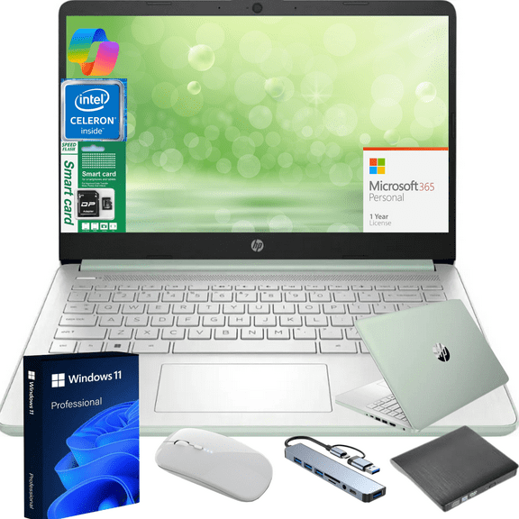 HP 14" Ultra Thin Laptop, Intel Quad-Core N150, 8GB RAM, 256GB (128GB eMMC+128GB SD Card), Windows 11 Pro, 1 Year Microsoft Office 365, Lightweight Notebook for Work or School, Gift Set(Green)