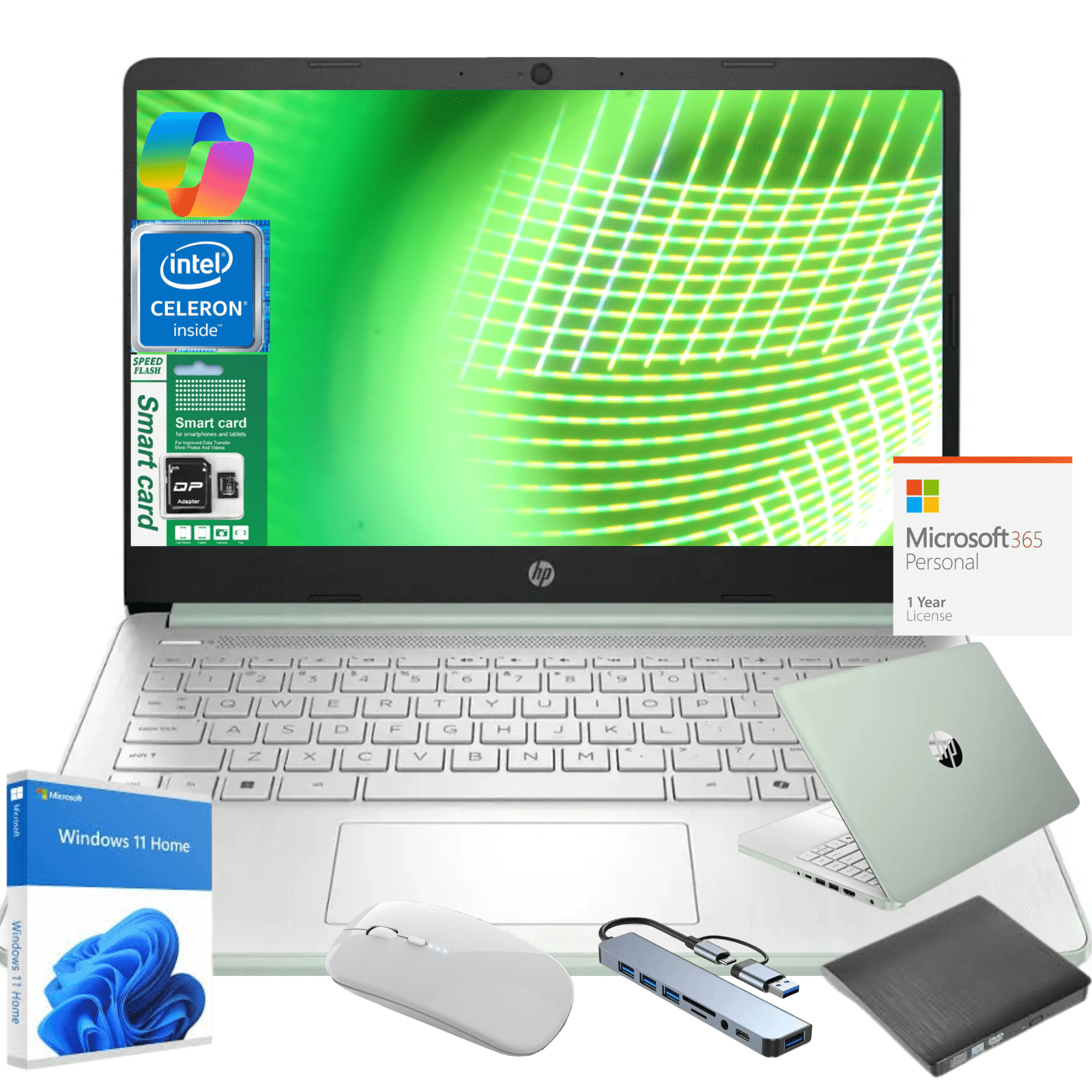 HP 14" Ultra Thin Laptop, Intel Quad-Core Processor, 8GB RAM, 384GB (128GB eMMC+64GB SD Card), Windows 11 Home, 1 Year Microsoft Office 365, Lightweight Notebook for Work or School, Gift Set(Green)