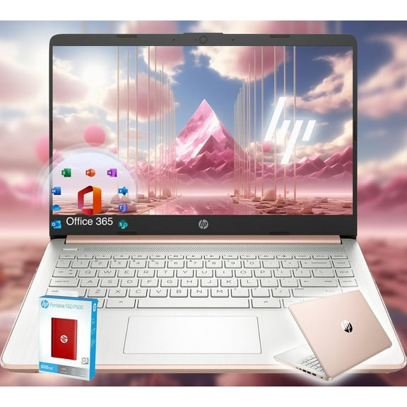HP 14 Ultrabook * Intel 4-Core CPU * Back to School Limited Edition with Microsoft 365 * 16GB RAM * 1.6TB Storage (128GB OnBoard withHP 512GB P500 Portable SSD + 1TB OneDrive) * Rose Gold * Win 11