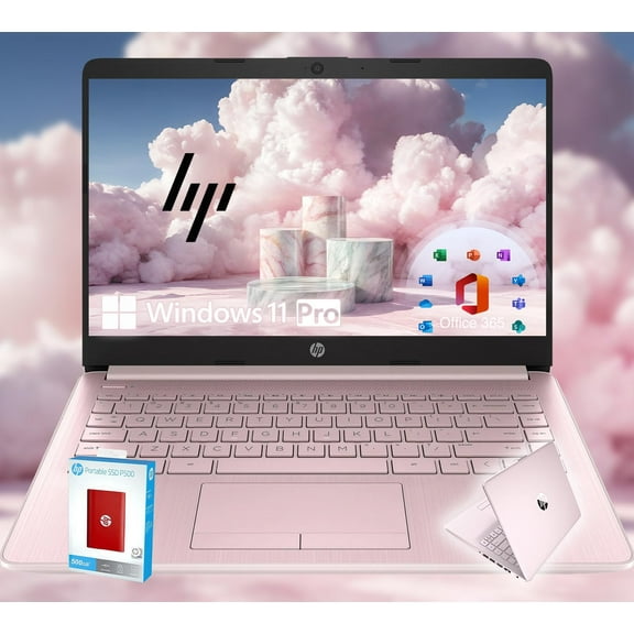 HP 14 Ultrabook * Intel 4-Core CPU * Back to School Limited Edition with Microsoft 365 * 16GB RAM * 1600GB Storage (64GB OnBoard withHP 512GB P500 Portable SSD + 1TB OneDrive) * Win 11 Pro * Pink