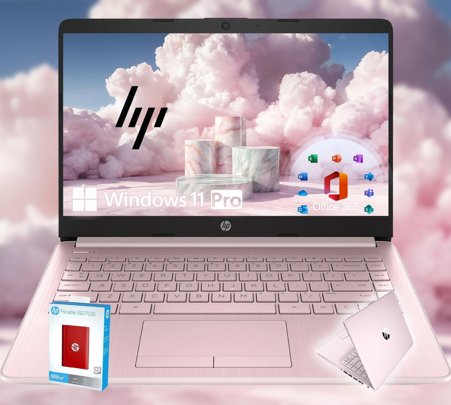 HP 14 Ultrabook * Intel 4-Core CPU * Back to School Limited Edition with Microsoft 365 * 32GB RAM * 1600GB Storage (64GB OnBoard withHP 512GB P500 Portable SSD + 1TB OneDrive) * Win 11 Pro * Pink