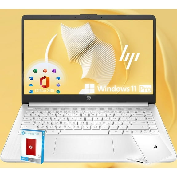 HP 14 Ultrabook * Intel 4-Core CPU * Back to School Limited Edition with Microsoft 365 * 4GB RAM * 1600GB Storage (64GB OnBoard withHP 512GB P500 Portable SSD + 1TB OneDrive) * Win11 Pro * Snow White