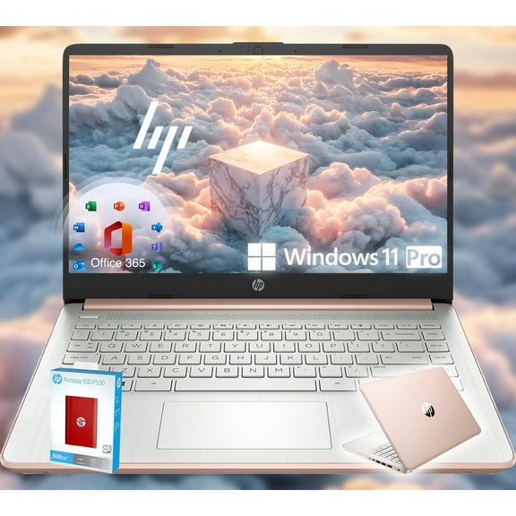 HP 14 Ultrabook * Intel 4-Core CPU * Back to School Limited Edition with Microsoft 365 * 8GB RAM * 1.6TB Storage (128GB OnBoard withHP 512GB P500 Portable SSD + 1TB OneDrive) * Win 11 Pro * Rose Gold