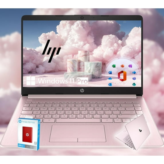 HP 14 Ultrabook * Intel 4-Core CPU * Back to School Limited Edition with Microsoft 365 * 8GB RAM * 1600GB Storage (64GB OnBoard withHP 512GB P500 Portable SSD + 1TB OneDrive) * Win 11 Pro * Pink