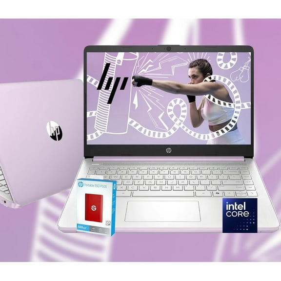 HP 14 Ultrabook * Intel 4-Core N150 * Microsoft 365 * Copilot AI * 32GB RAM * 1.6TB Storage (128GB UFS withHP 512GB P500 Portable SSD + 1TB OneDrive) * Wi-Fi 6 * 12 Hr Battery * Lavender * Win 11