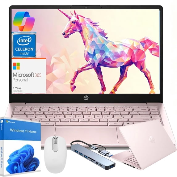 HP 14 inch HD Windows 11 Laptop Intel Processor N150 8GB RAM 128GB UFS Pink/ Gift Set