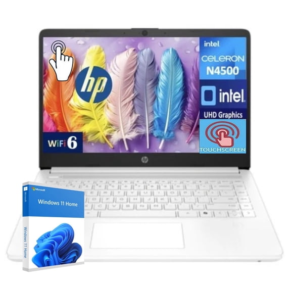 HP 14 inch Laptop, HD Touchscreen Display, Intel Celeron N4500, 4 GB RAM, 64 GB eMMC, Intel UHD Graphics, Windows 11 Home in S Mode, Snowflake White, 14-dq3220nr