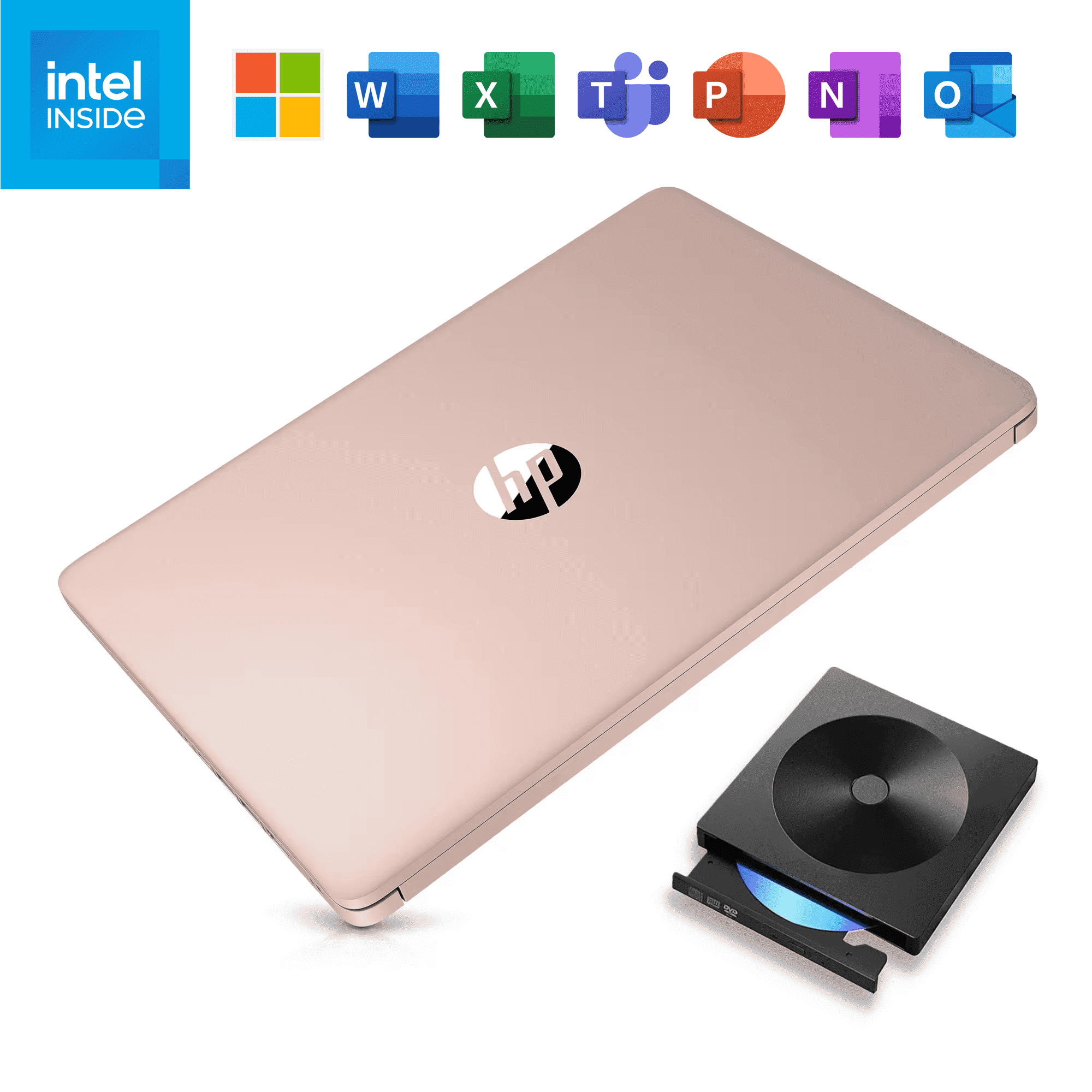 HP 14 inch Laptop Light & Slim, 1-Year Office 365 included, Intel N-Series Processor, 4GB RAM, 64GB Storage, Free DVD Drive Windows 11 S (Rose Gold)