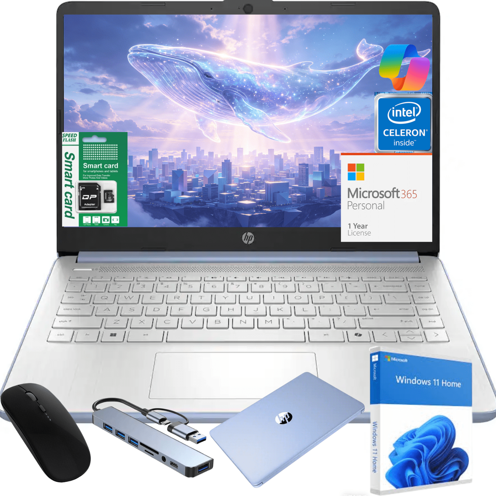 HP 14 inch Laptop Ultra Thin, Microsoft Office 365 included, Intel Quad-Core Processor, 4GB RAM, 256GB Storage(128GB eMMC+128GB SD Card), Webcam, HDMI, WiFi, USB-A&C, Windows 11 Home,Blue
