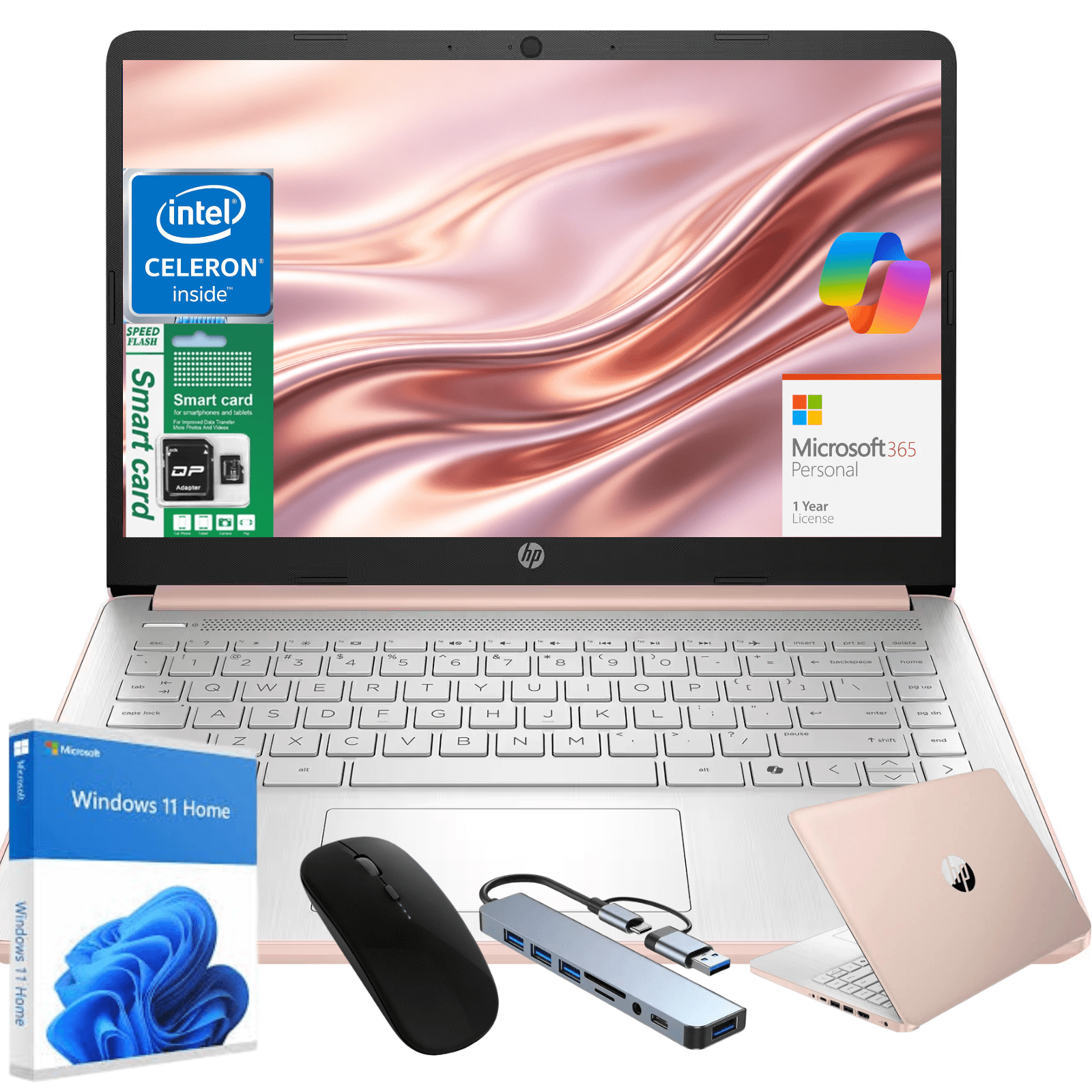 HP 14 inch Laptop Ultra Thin, Microsoft Office 365 included, Intel Quad-Core Processor, 4GB RAM, 256GB Storage(128GB eMMC+128GB SD Card), Webcam, HDMI, WiFi, USB-A&C, Windows 11 Home