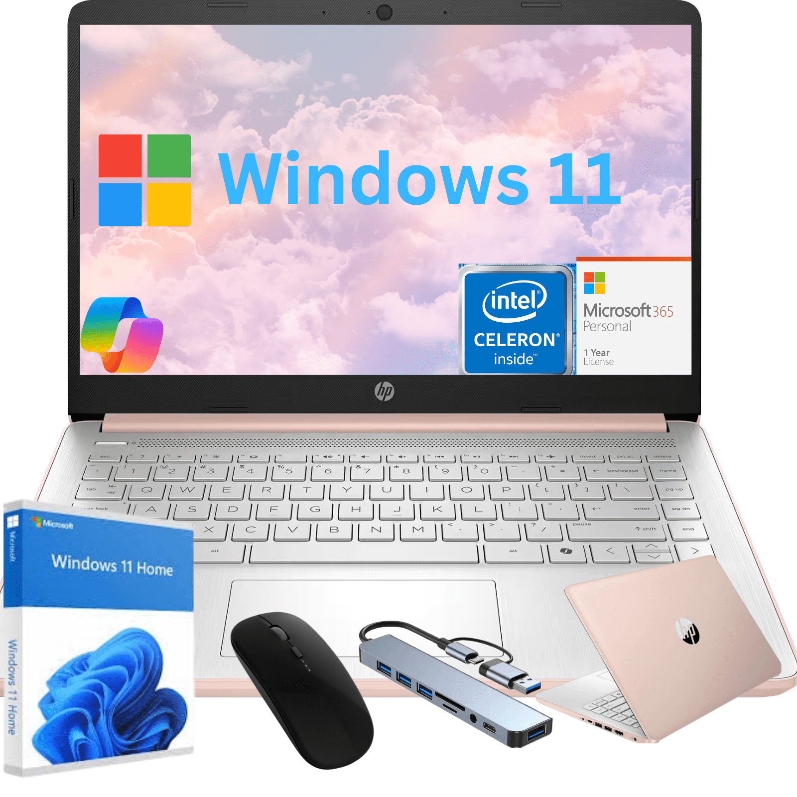 HP 14 inch Laptop Ultra Thin, Microsoft Office 365 included, Intel Quad-Core Processor, 4GB RAM, 64GB Storage, Webcam, HDMI, WiFi, USB-A&C, Windows 11 Home