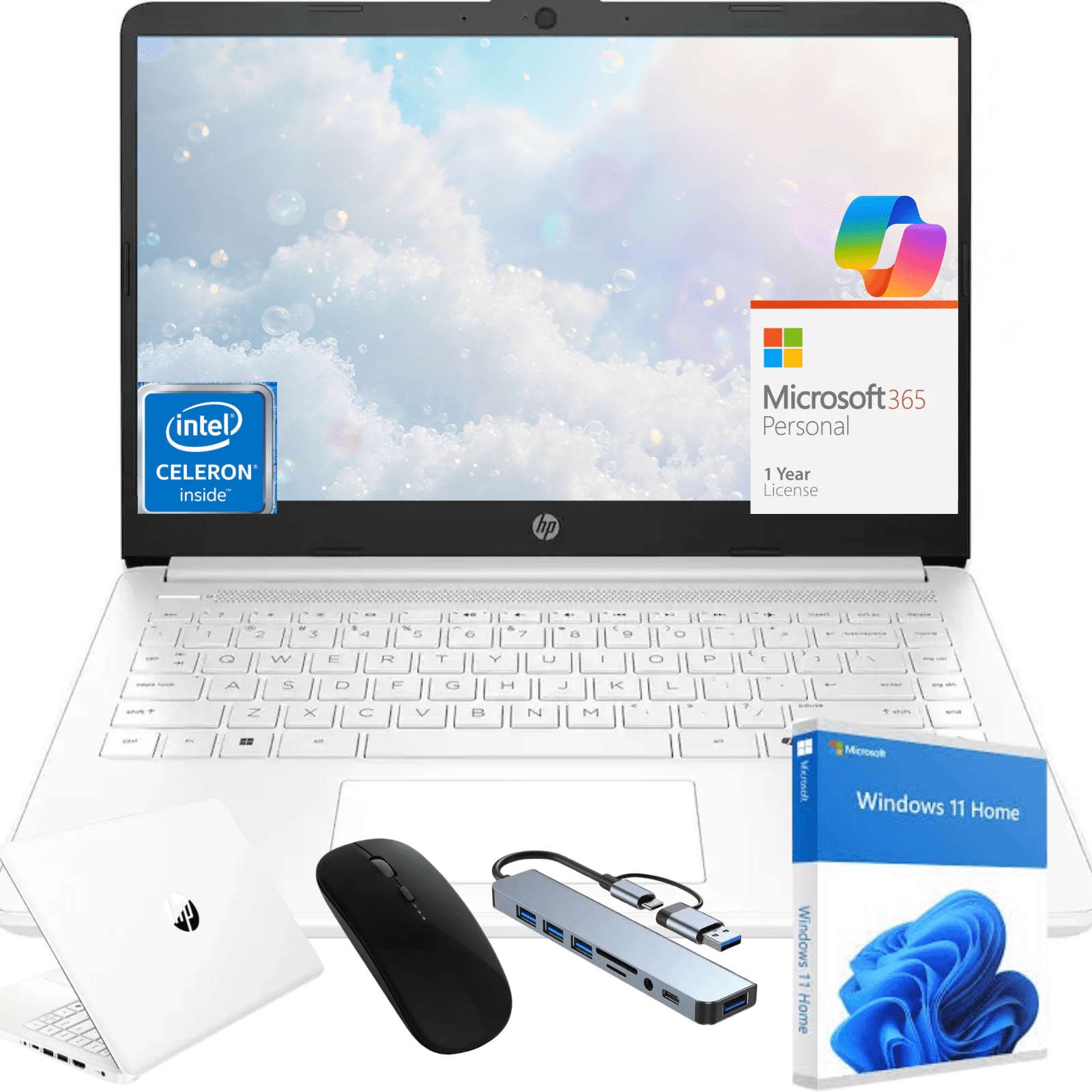 HP 14 inch Laptop Ultra Thin, Microsoft Office 365 included, Intel Quad-Core Processor, 4GB RAM, 64GB eMMC, Webcam, HDMI, WiFi, USB-A&C, Windows 11 Home,White