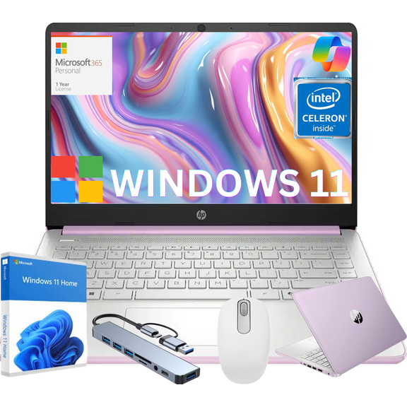 HP 14 inch Windows 11 Laptop Intel Processor N150 8GB RAM 128GB UFS Purple (12-mo. Microsoft 365 included) Gift Bundle
