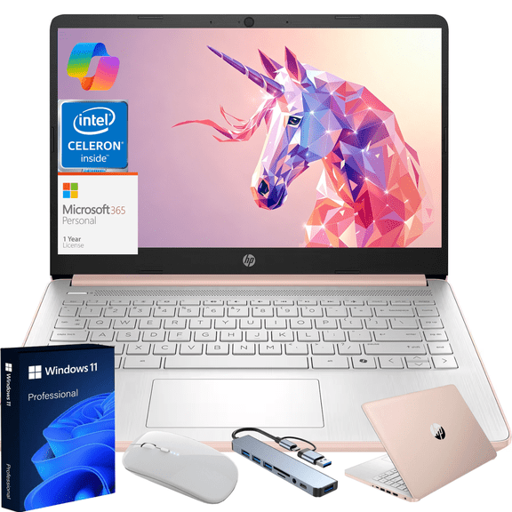 HP 14 inch Windows Laptop Intel Core N4500 8GB RAM 64GB SSD Natural Silver Windows 11 Pro,Rose Gold Gift Bundle
