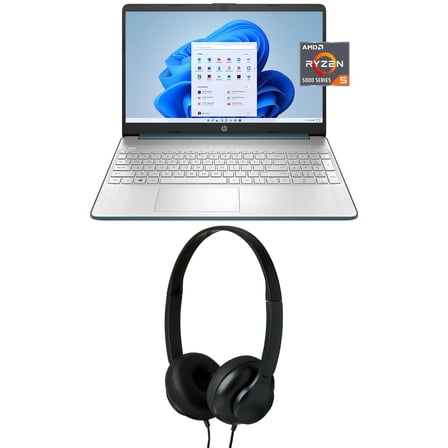 HP 15.6" FHD, AMD R5-5500U, 8GB RAM, 256GB SSD, SPRUCE BLUE, Windows 11, 15-ef2126wm and onn. On-Ear Wired Headphones, Black