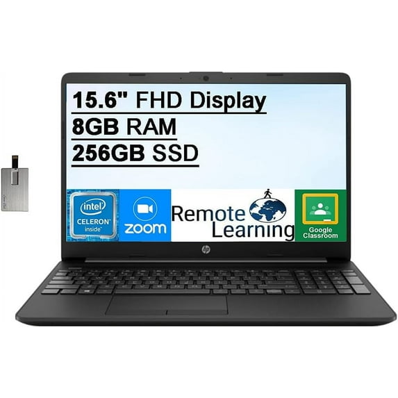 HP 15.6" FHD IPS Laptop Computer, Intel Celeron N4020 Processor, 8GB DDR4 RAM, 256GB SSD, Intel UHD Graphics, 1 Year Office 365, Webcam, HDMI, Bluetooth, Win 10S, Black, 32GB Hotface USB Card
