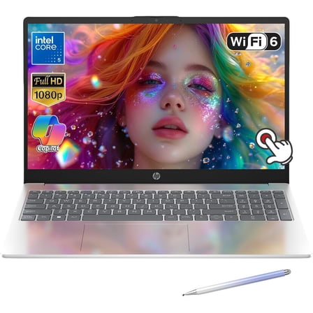 HP 15.6'', FHD IPS, Touchscreen Laptop, 1080p, Intel Core 5 120U, 10-Core, 16GB DDR4, 1TB SSD, Wi-Fi 6, Bluetooth5.3, Windows 11 Home, W/STYLUS