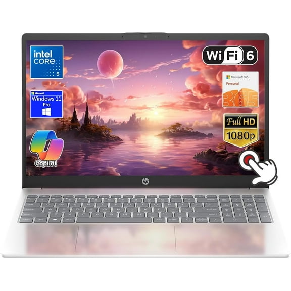 HP 15.6'', FHD IPS, Touchscreen Laptop, 1080p, Intel Core 5 120U, 10-Core, 16GB DDR4, 1TB SSD, Wi-Fi 6, Bluetooth5.3, Windows 11 Pro, W/Office 365