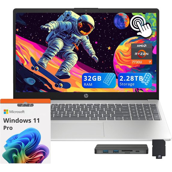 HP 15.6" FHD IPS Touchscreen Laptop, AMD Ryzen 7 7730U, 32GB RAM, 2.28TB Storage (2TB SSD+288GB Docking Station Set), AMD Radeon Graphics, Numeric Keypad, Windows 11 Pro, Silver
