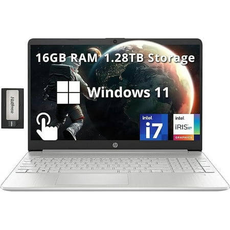 HP 15.6" FHD IPS Touchscreen Laptop, Intel i7-1255U, 16GB RAM, 1.28GB Storage (1TB SSD + 288GB Docking Station), Intel Iris Xe Graphics, Numeric Keypad, Wi-Fi 5, HD Camera, Windows 11, Silver