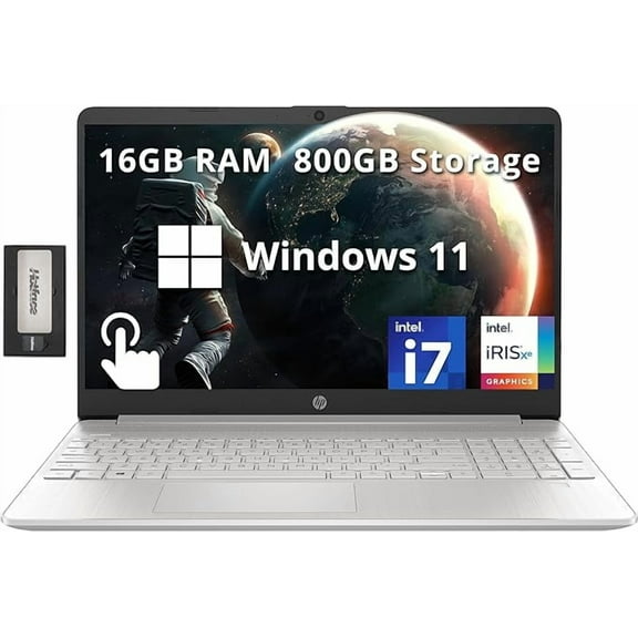 HP 15.6" FHD IPS Touchscreen Laptop, Intel i7-1255U, 16GB RAM, 800GB Storage (512GB SSD + 288GB Docking Station), Intel Iris Xe Graphics, Numeric Keypad, Wi-Fi 5, HD Camera, Windows 11, Silver