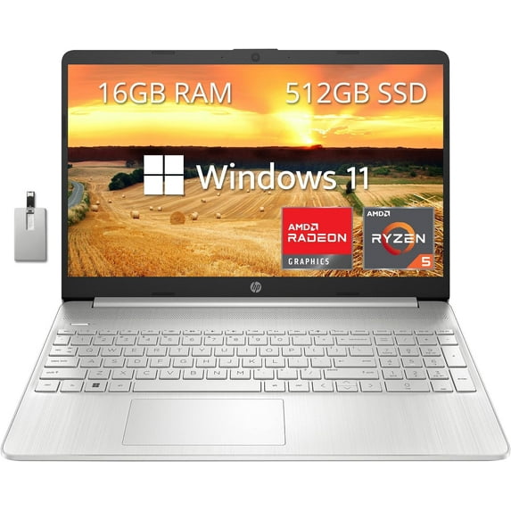 HP 15.6" FHD Laptop, AMD Ryzen 5-5500U Processor, 16GB RAM, 512GB PCIe SSD, AMD Radeon Graphics, HD Webcam, Wi-fi, Bluetooth, Win 11, Silver, 32GB Hotface USB Card