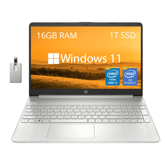 HP 15.6" FHD Laptop, Anti-Glare Business Laptop, Intel Core i3-1215U, 16GB RAM, 1TB SSD, Silver, Windows 11 Home, Hotface 32GB USB Card