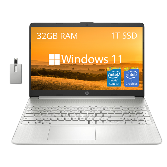 HP 15.6" FHD Laptop, Anti-Glare Business Laptop, Intel Core i3-1215U, 32GB RAM, 1TB SSD, Intel UHD Graphics, Silver, Windows 11 Home, Hotface 32GB USB Card