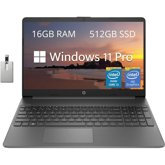 HP 15.6" FHD Laptop, Intel Core i3-1215U, 16GB RAM, 512GB SSD, Intel UHD Graphics, HD Webcam, Numpad, Wi-Fi 6, Bluetooth, Gray, Windows 11 Pro, Hotface 32GB USB Card