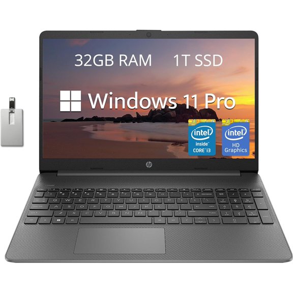 HP 15.6" FHD Laptop, Intel Core i3-1215U, 32GB RAM, 1TB SSD, Intel UHD Graphics, HD Webcam, Numpad, Wi-Fi 6, Bluetooth, Gray, Windows 11 Pro, Hotface 32GB USB Card
