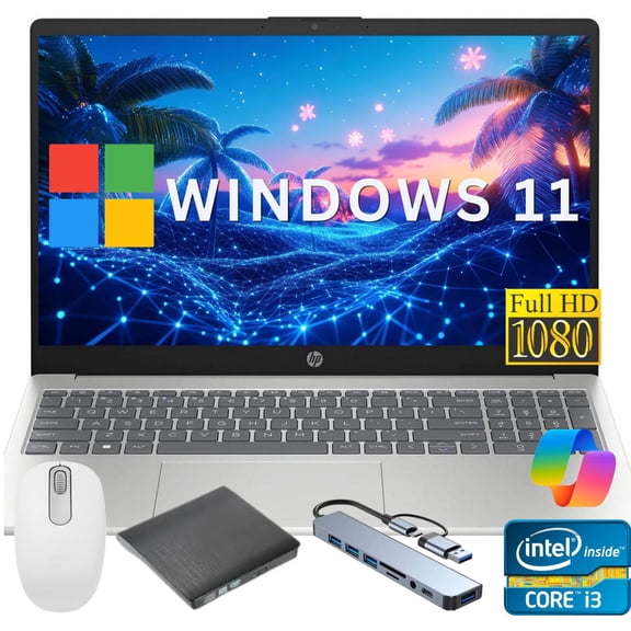 HP 15.6" FHD Laptop, Intel Core i3-N305, 32GB RAM, 256GB SSD, Natural Silver, Windows 11 Home in S mode,Gift Set