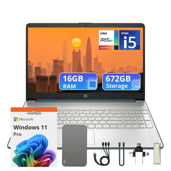 HP 15.6" FHD Portable Laptop, Intel i5-1235U, Intel Iris Xe Graphics, 16GB RAM, 672GB Storage(512GB SSD + 160GB Docking Station), Full-Size Keyboard, Fast Charge, Webcam, Win 11 Pro, Blue