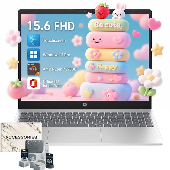 HP 15.6" FHD Touch Screen Laptop Computer, AMD Ryzen 7 7730U, 16GB RAM, 512GB SSD, Windows 11 Pro, Office 365 for the Web, AI Copilot, w/Accessories
