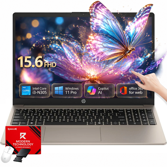 HP 15.6" FHD Touch Screen Laptop, Intel Core i3-N305 8-Core Processor, 8GB DDR4 RAM, 256GB SSD, Copilot AI Key, Windows 11 Pro, Office 365 for Web w/Accessories
