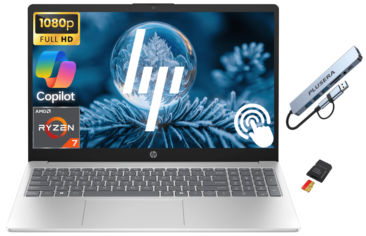 HP 15.6" FHD Touchscreen Business Laptop Computer, 8-Core AMD Ryzen 7 Processor, 32GB RAM 1.5TB Storage (1TB SSD+512GB SD Card), AMD Radeon Graphics, Windows 11, PLUSERA 8-in-1 Hub, Natural Silver
