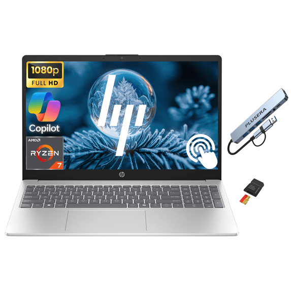 HP 15.6" FHD Touchscreen Business Laptop Computer, 8-Core AMD Ryzen 7 Processor, 32GB RAM 1.5TB Storage (1TB SSD+512GB SD Card), AMD Radeon Graphics, Windows 11, PLUSERA 8-in-1 Hub, Natural Silver