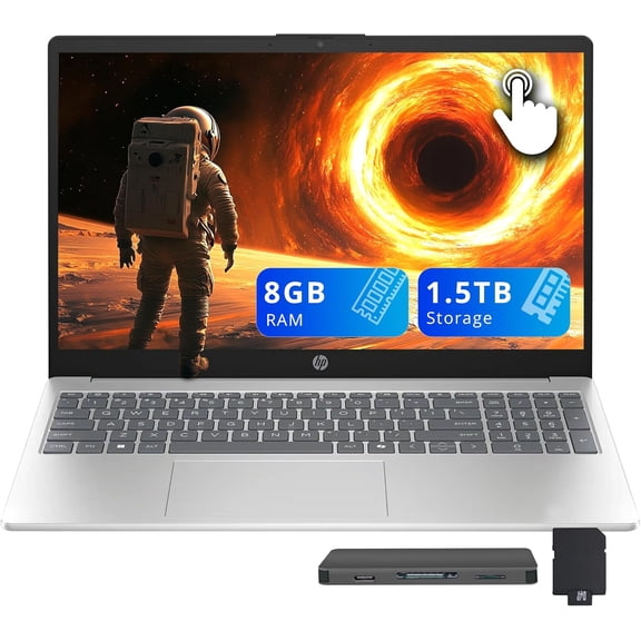 HP 15.6" FHD Touchscreen Laptop, AMD Ryzen 5 7520U, 8GB LPDDR5 RAM, 1.5TB Storage (512GB SSD+1TB Docking Station Set), AMD Radeon Graphics, Num Pad, Copilot,HP Fast Charge, Wi-Fi 6, Win 11, Silver