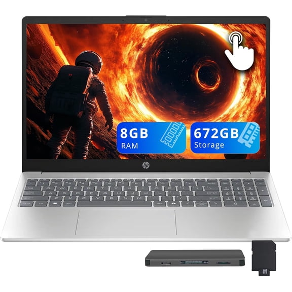 HP 15.6" FHD Touchscreen Laptop, AMD Ryzen 5 7520U, 8GB LPDDR5 RAM, 672GB Storage (512GB SSD+160GB Docking Station Set), Radeon Graphics, Copilot, Numeric Keypad, Wi-Fi 6, Win 11, Silver