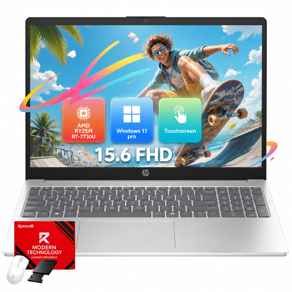 HP 15.6" FHD Touchscreen Laptop, AMD Ryzen 7 7730U, 16GB RAM, 512GB SSD, IPS Anti-Glare Display, Windows 11 Pro, AI Copilot Key, Numeric Keypad, Accessories