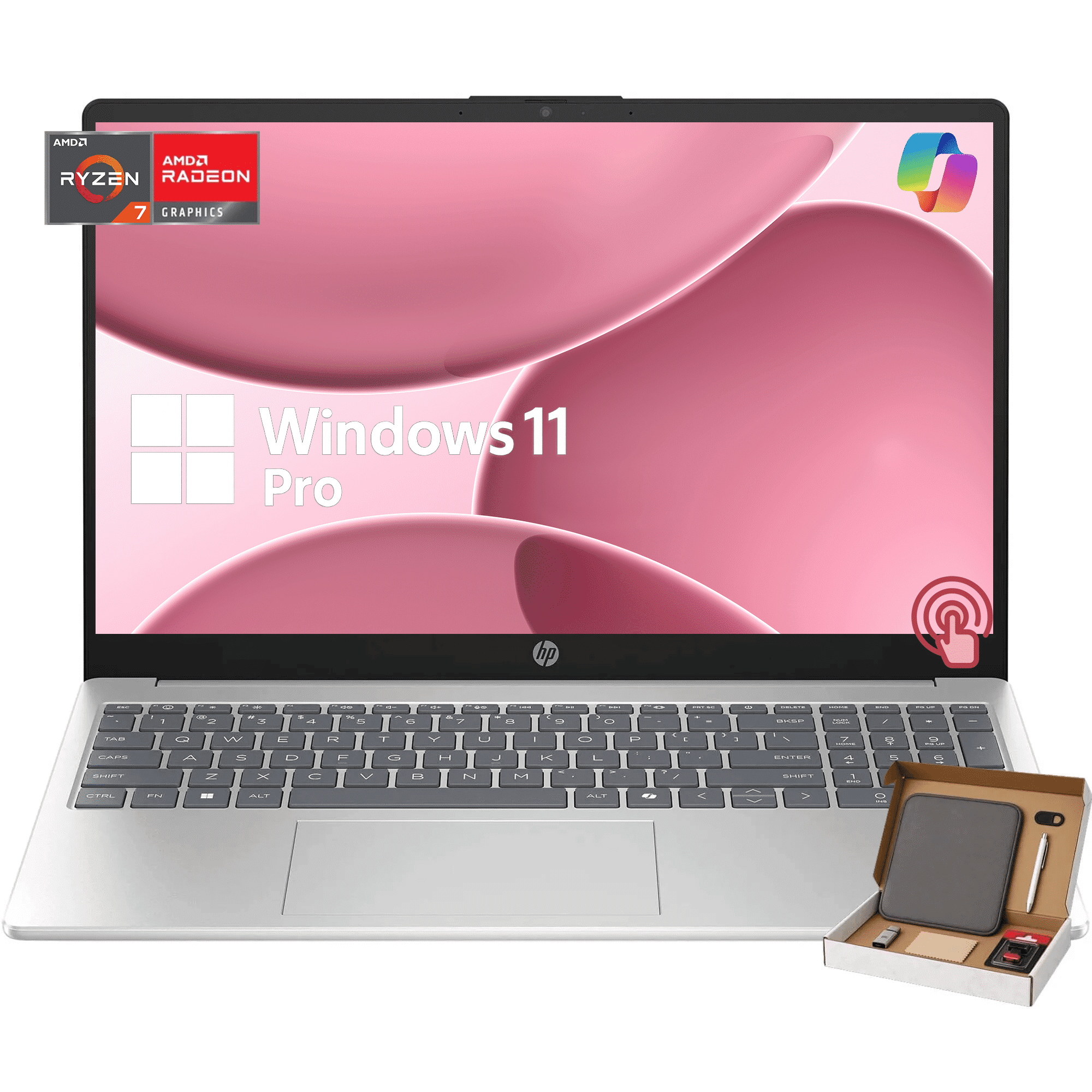 HP 15.6" FHD Touchscreen Laptop for College Students & Business, AMD Ryzen 7 7730U, 16GB RAM, 1TB SSD, AMD Radeon Graphics, Windows 11 Pro, Wi-Fi 6, Copilot