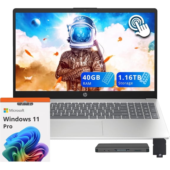 HP 15.6" FHD Touchscreen Laptop, Intel Core Ultra 5 125H, 40GB RAM, 1.16TB Storage(1TB SSD + 160GB Docking Station Set), Intel Arc Graphics, Numeric Keypad, 720p Camera, Win 11 Pro, Silver
