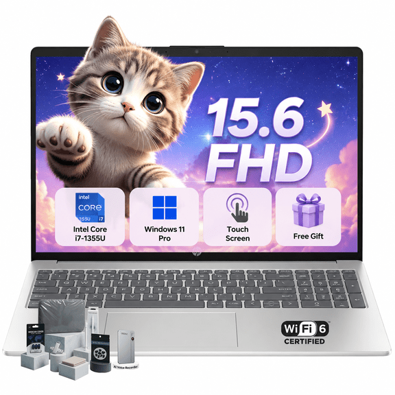 HP 15.6" FHD Touchscreen Laptop, Intel Core i7-1355U, 16GB RAM, 512GB SSD, Windows 11 Pro, Silver, Accessories