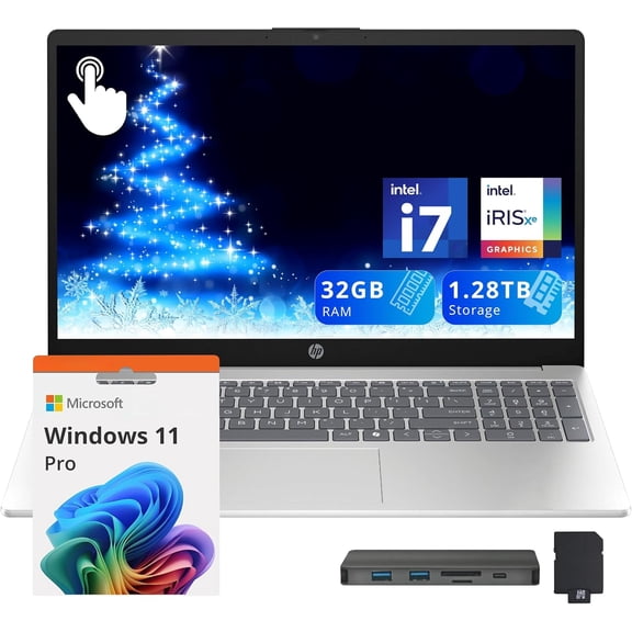 HP 15.6" FHD Touchscreen Laptop, Intel Core i7-1355U, 32GB RAM, 1.28TB Storage(1TB SSD+288GB Docking Station Set), Intel Iris Xe Graphics, Numeric Keypad, Windows 11 Pro, Silver