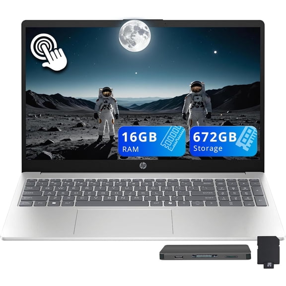 HP 15.6" FHD Touchscreen Laptop, Intel i5-1334U, 16GB DDR4 RAM, 672GB Storage (512GB SSD+160GB Docking Station Set), Intel Graphics, Numeric Keypad, Copilot, Wi-Fi 6, Windows 11, Silver