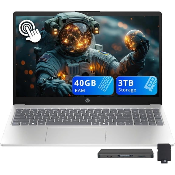 HP 15.6" FHD Touchscreen Laptop, Intel i5-1334U, 40GB RAM, 3TB Storage (2TB SSD+1TB Docking Station Set), Intel Graphics, Copilot, Full Size Keyboard, Windows 11 Home, Silver