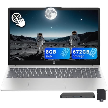 HP 15.6" FHD Touchscreen Laptop, Intel i5-1334U, 8GB DDR4 RAM, 672GB Storage (512GB SSD+160GB Docking Station Set), Intel Graphics, Numeric Keypad, Copilot, Wi-Fi 6, Windows 11, Silver