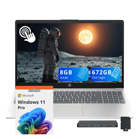 HP 15.6" FHD Touchscreen Laptop, Intel i5-1334U, 8GB DDR4 RAM, 672GB Storage (512GB SSD+160GB Docking Station Set), Intel Graphics, Numeric Keypad, Copilot, Wi-Fi 6, Windows 11 Pro, Silver